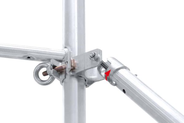 Detail van schoorbevestiging met draaimechanisme op Hymer rolsteiger
