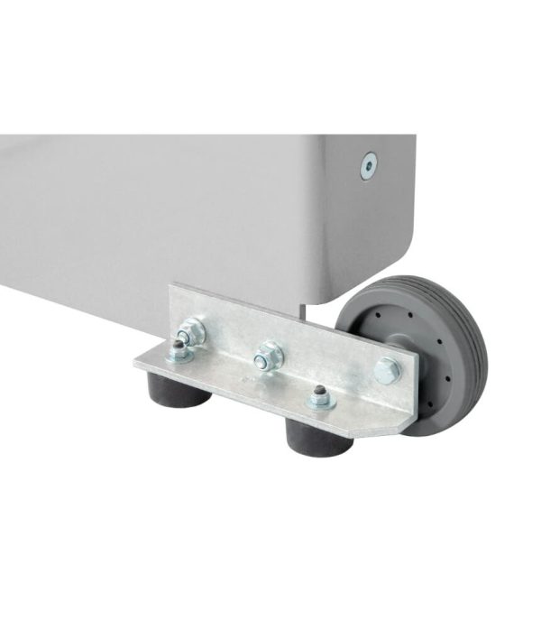 Detail van het rolwiel en stabilisatievoet van de Hymer 2271 industriebordes