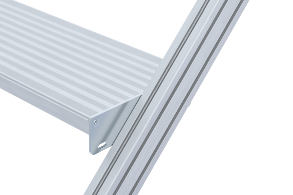 Detail van aluminium aansluiting tussen trede en trapstijl