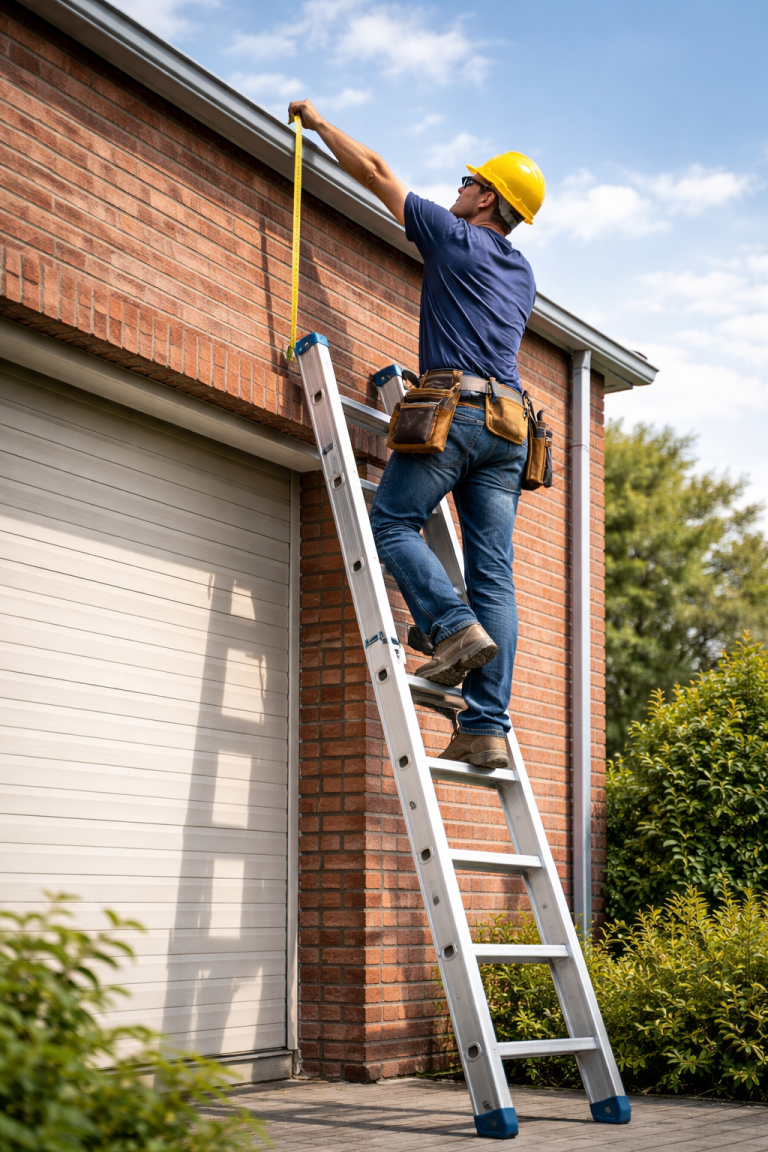 Monteur staat op aluminium ladder en meet werkhoogte bij dakgoot van woning