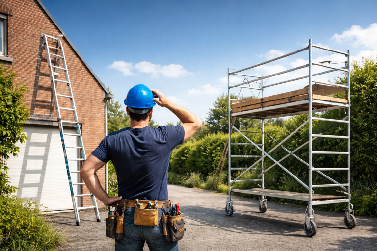 Monteur twijfelt tussen ladder en rolsteiger bij werkzaamheden op hoogte naast een woning