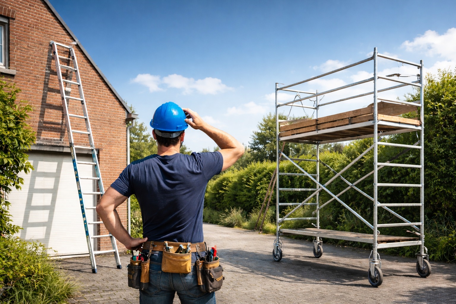 Monteur twijfelt tussen ladder en rolsteiger bij werkzaamheden op hoogte naast een woning