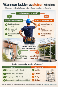 Monteur twijfelt tussen ladder en rolsteiger bij werkzaamheden op hoogte naast een woning