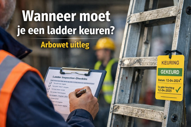 Inspecteur controleert aluminium ladder tijdens veiligheidsinspectie volgens Arbowet ladderkeuring