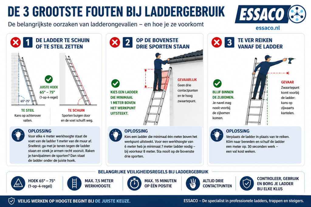 Infographic met de drie grootste fouten bij laddergebruik: verkeerde hoek, op de bovenste sporten staan en te ver reiken vanaf de ladder