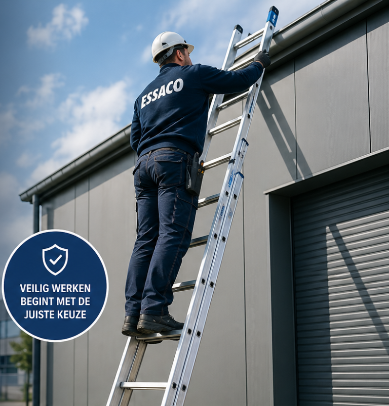 Monteur werkt veilig op een ladder bij een gebouw volgens de Arbowet regels voor veilig werken op hoogte