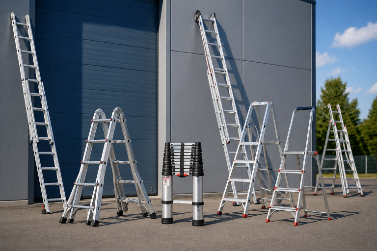 Verschillende soorten ladders zoals telescoopladder, reformladder en schuifladder opgesteld bij een gebouw voor keuzehulp laddergebruik