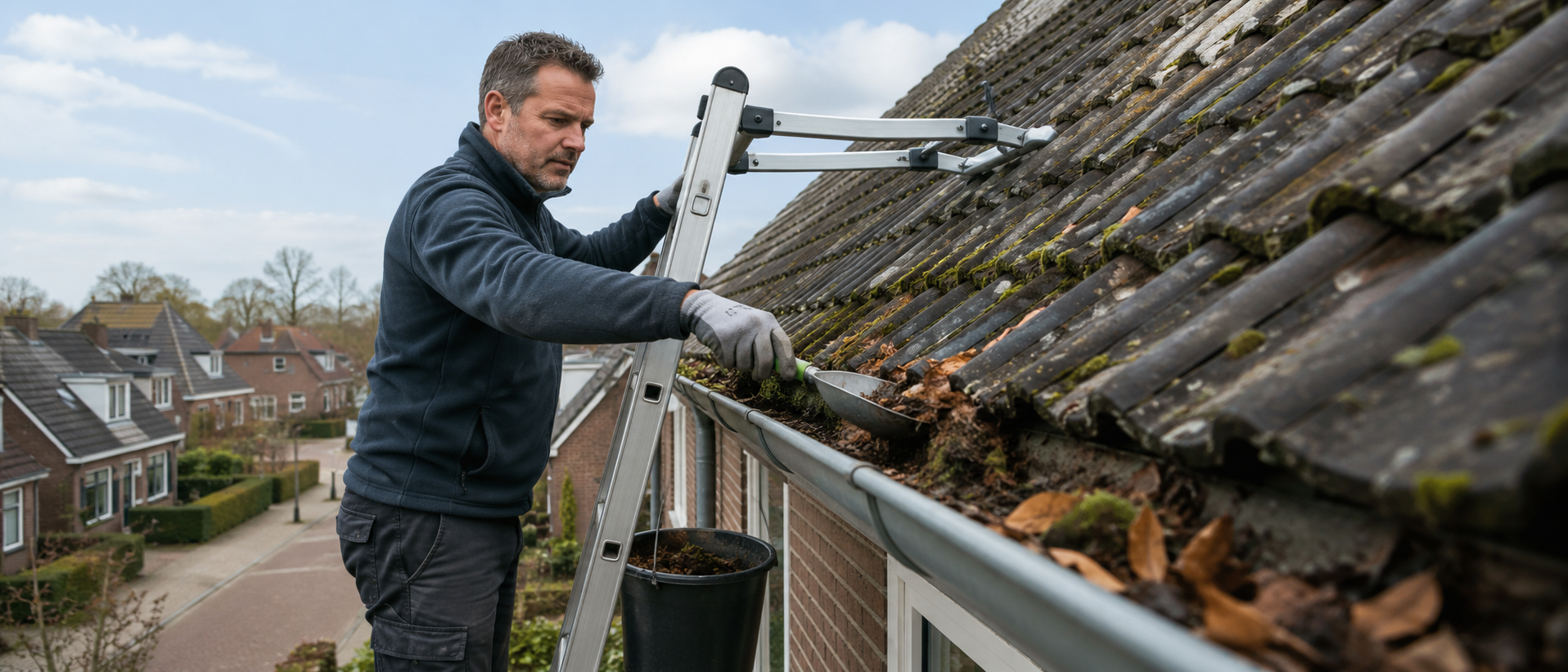 Man maakt een dakgoot schoon vanaf een schuifladder met afstandhouder en emmer voor bladeren en vuil.