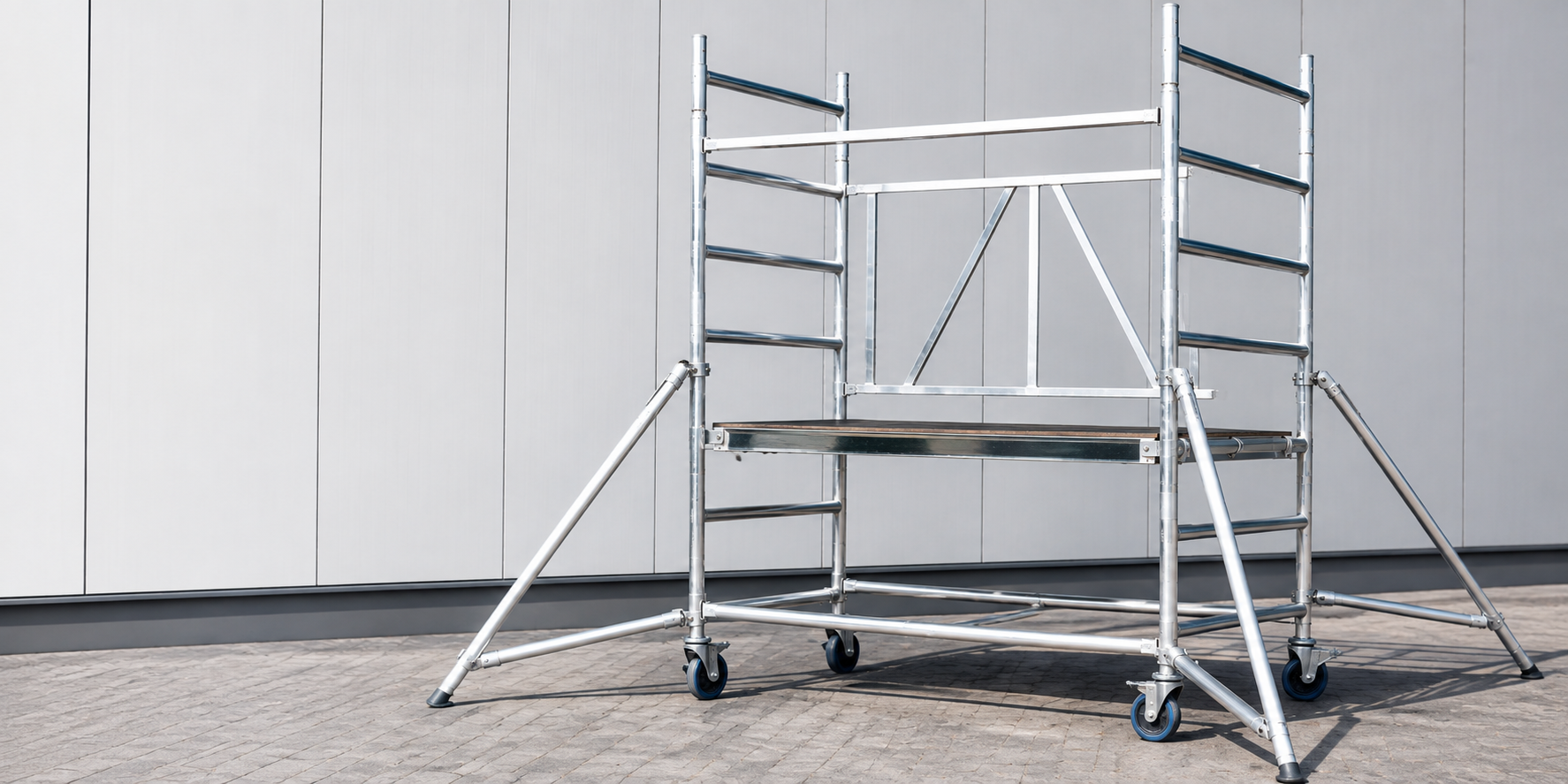 Aluminium rolsteiger met stabilisatoren klaar voor opbouw volgens de juiste veiligheidsvoorschriften.